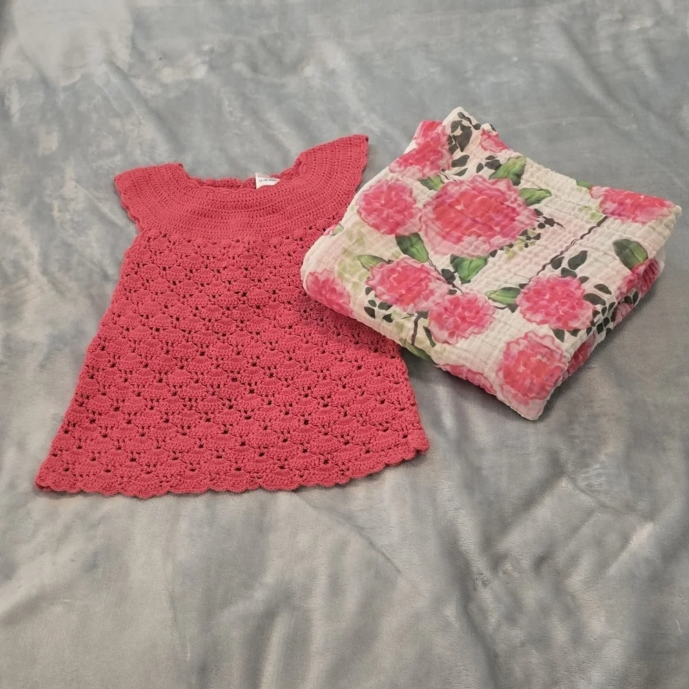 Gymboree Coral Crochet Baby Dress And Floral Cotton Blanket (1028)